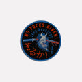 Namakubi NFG Patch featuring a circular black embroidered design with blue edging, a fierce samurai warrior holding a sword, and bold red and blue lettering