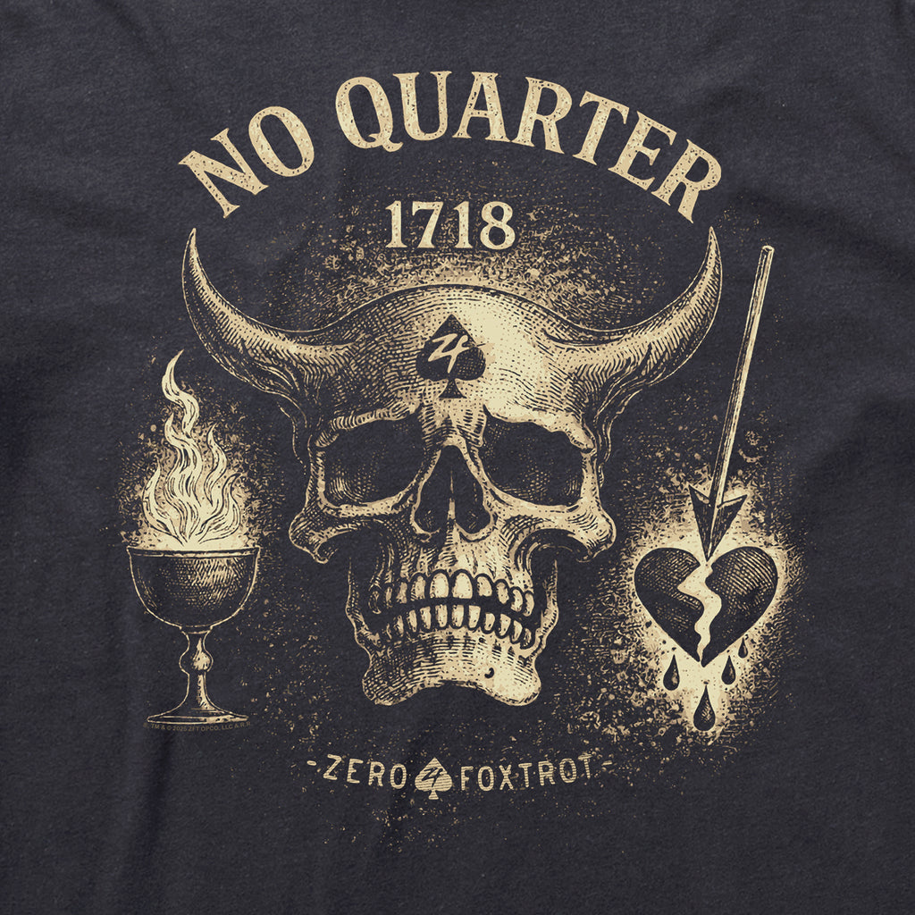 Detailed vintage-style graphic on a dark fabric featuring a horned skull with the number 1718 above it, a burning chalice on the left, and a pierced broken heart on the right, with the text No Quarter Ghost Tee prominently displayed.