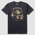 No Quarter Ghost Tee in dark color featuring a vintage-style graphic with a horned skull, a burning chalice, and a pierced heart design on the front.