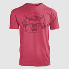 Blackbeard 1718 Tee in red featuring a central skull with horns, a flaming goblet on the left, and a dagger piercing a heart on the right with "1718" text above.