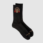 Zero Socks -No Quarter black crew socks with ribbed cuffs, graphic artwork near the ankle, and contrasting text details on the soles