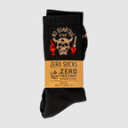 Zero Socks -No Quarter black socks with skull graphic, red accents, and Zero Foxtrot packaging for a bold pirate inspired style