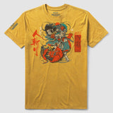 Namakubi Gold Tee featuring a dynamic samurai wrestling a red demon in traditional Japanese art style on a mustard yellow fabric, with bold red and black accents.
