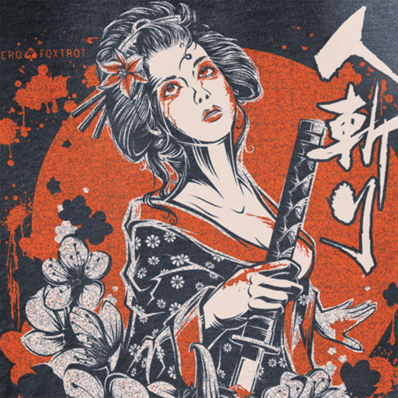 Illustration of a fierce kunoichi woman with flowing hair, traditional floral kimono, holding a katana against an orange circular background, designed for the Namakubi Kunoichi Tee.