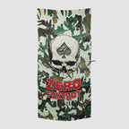 Microfiber Beach Towels featuring a camouflage pattern with a large skull graphic and bold red "Zero Foxtrot" text design.
