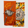 Orange and camo patterned microfiber beach towel (2025) featuring bold graphic designs with a fierce demon face and katana sword, and text saying "No Fucks Given!" in English and Japanese.