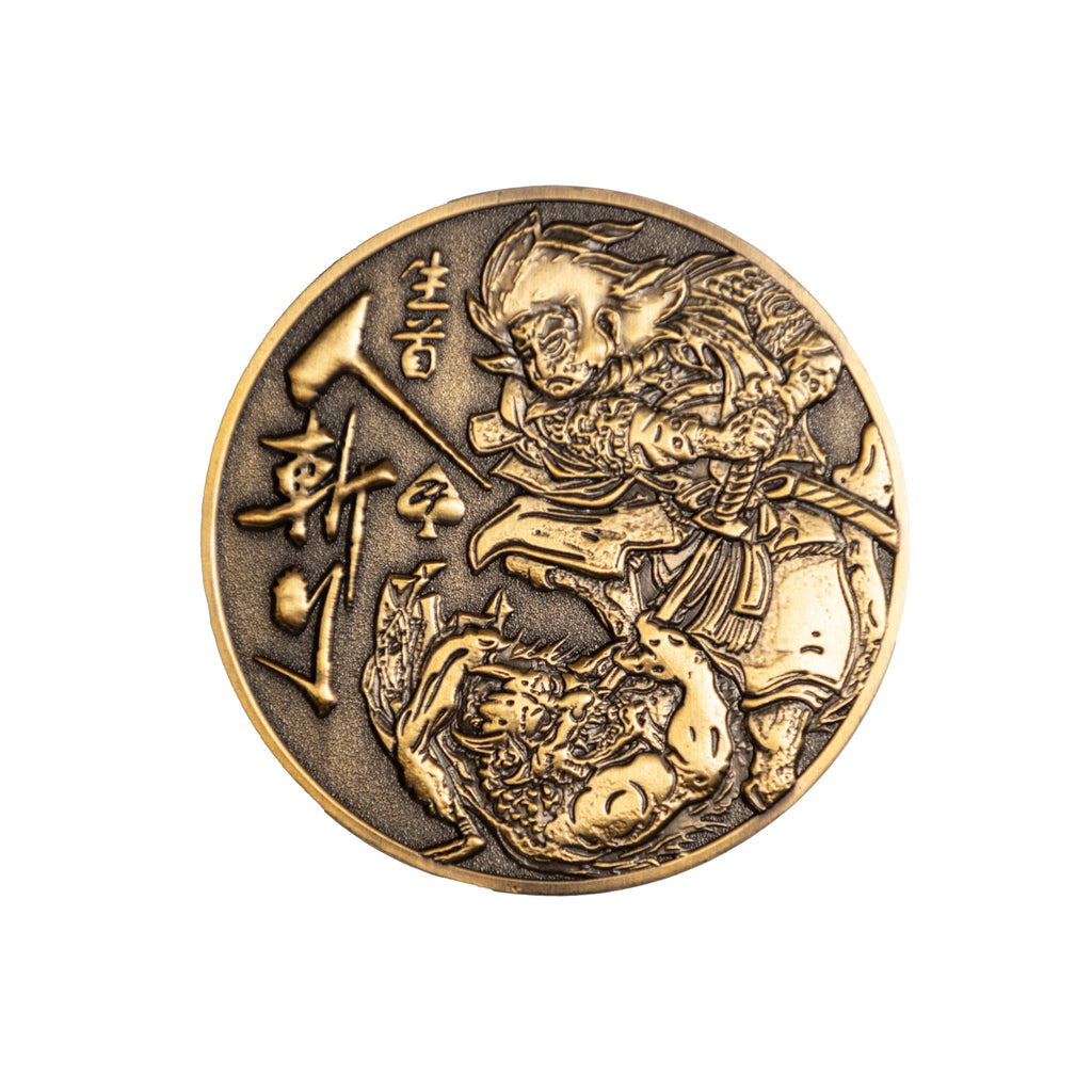 Namakubi Coin featuring an ornate bronze relief of a Japanese warrior with intricate traditional motifs on a round antique finish coin