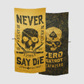Two Microfiber Beach Towels with bold skull and text designs in black and gold colors, featuring the phrase "Never Say Die" and artistic topographic patterns.