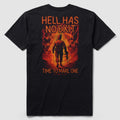 Back view of a black No Exit Tee featuring a vivid graphic of a soldier walking into flames surrounded by demons, with the text "Hell Has No Exit" and "Time To Make One" in bold orange letters.