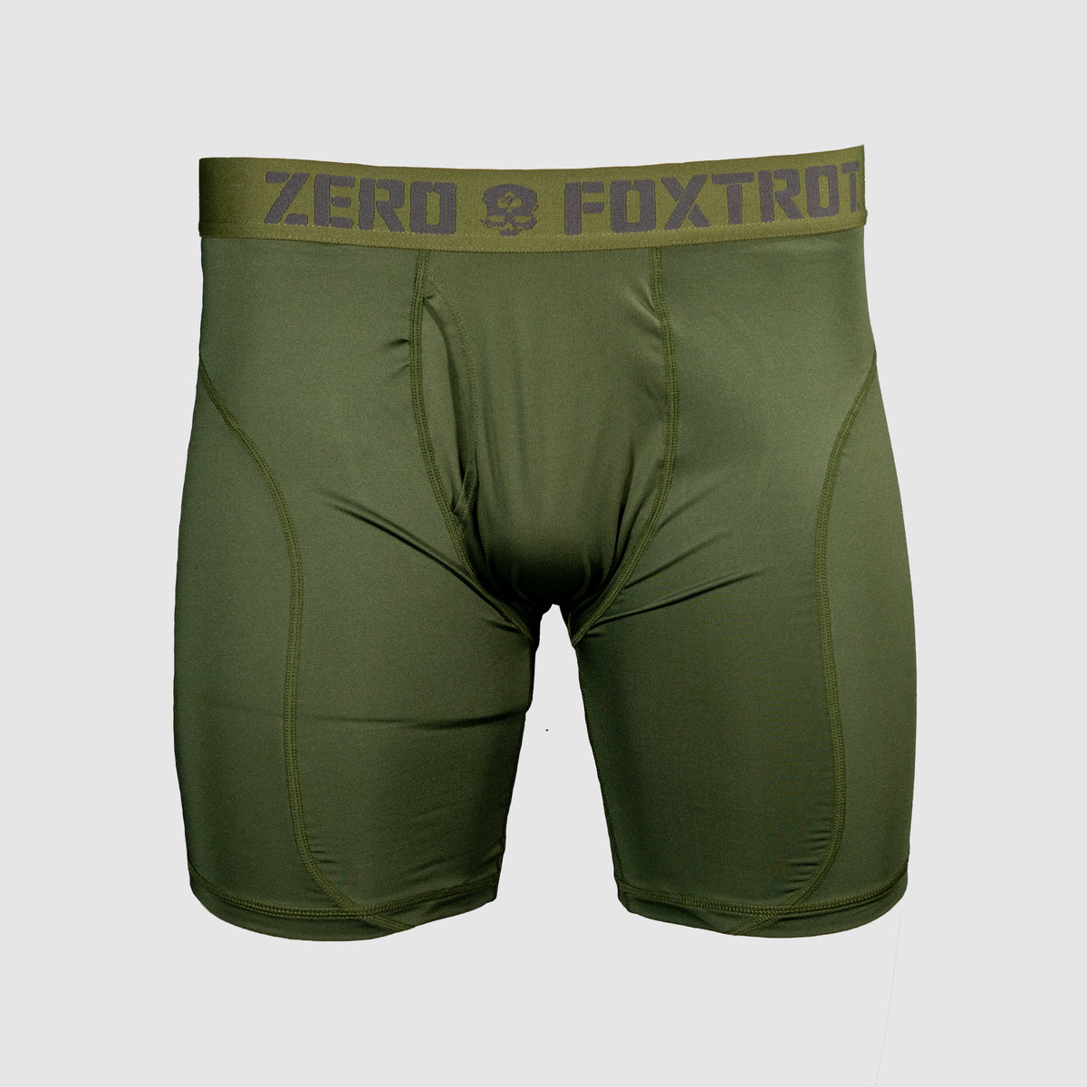 Boxer Briefs - 6" Inseam in olive green with reinforced stitching and branded elastic waistband featuring "Zero Foxtrot" text and logo, designed for comfort and support.