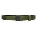 ZF x Kore Sleek Gun Belt in olive green woven fabric with a black central buckle and adjustable keeper loop displayed against a white background