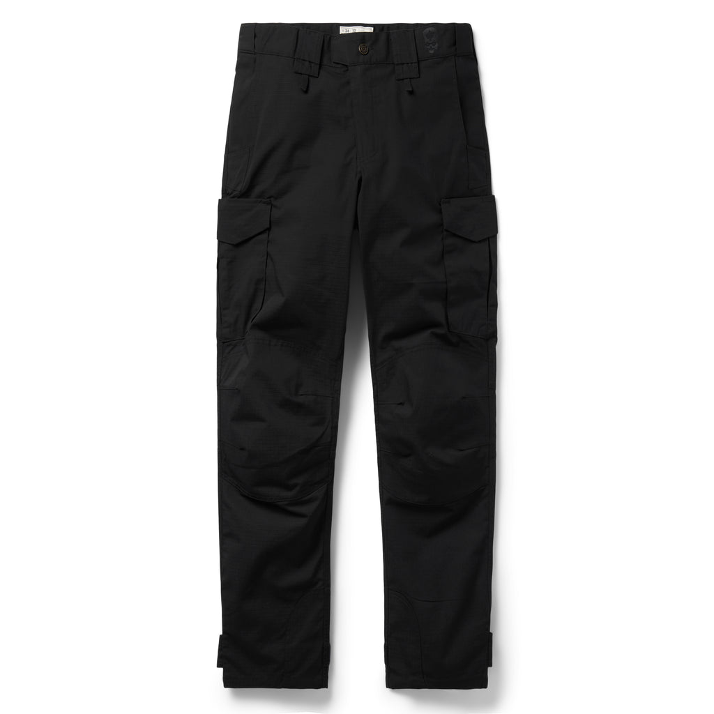 Tac Pants black utility cargo pants shown from the front with belt loops, side cargo pockets, articulated knees, and straight legs