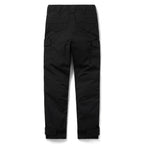 Tac Pants in black, shown laid flat with multiple utility pockets, belt loops, articulated knees, and adjustable ankle cuffs