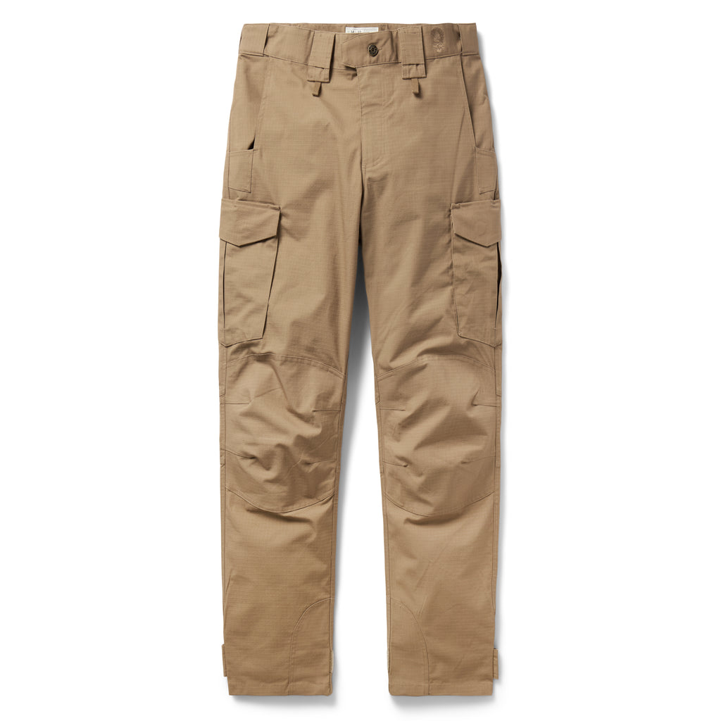 Tac Pants in tan with a straight leg, belt loops, button closure, front pockets, and large side cargo pockets shown from the front