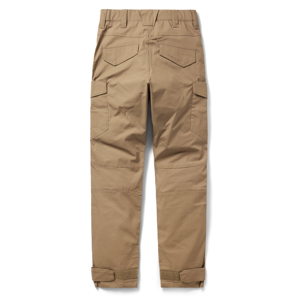 Tac Pants in tan with cargo pockets, reinforced knee panels, rear flap pockets, belt loops, and adjustable ankle cuffs laid flat against a white background