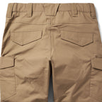 Tac Pants in tan with belt loops reinforced stitching rear pockets and large side cargo pockets shown in a close up product view