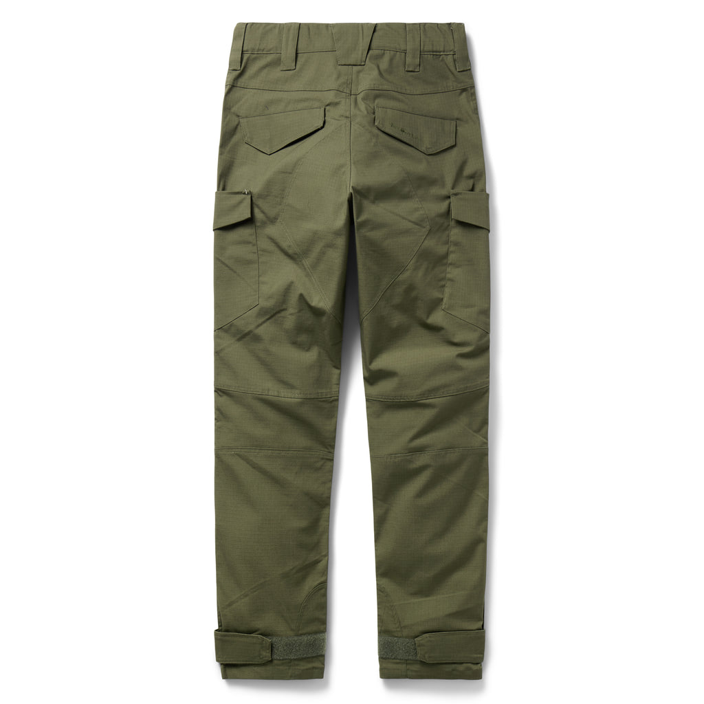 Tac Pants in olive green with multiple utility pockets, reinforced knee panels, belt loops, and adjustable ankle straps, shown from the back on a white background