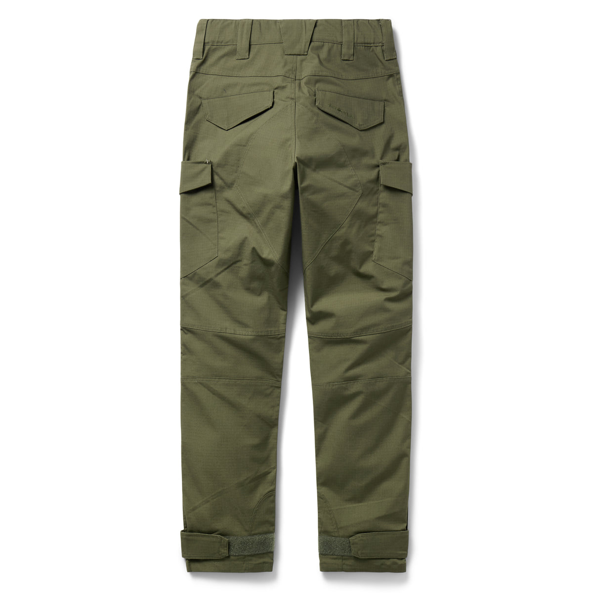 Tac Pants in olive green with multiple utility pockets, reinforced knee panels, belt loops, and adjustable ankle straps, shown from the back on a white background