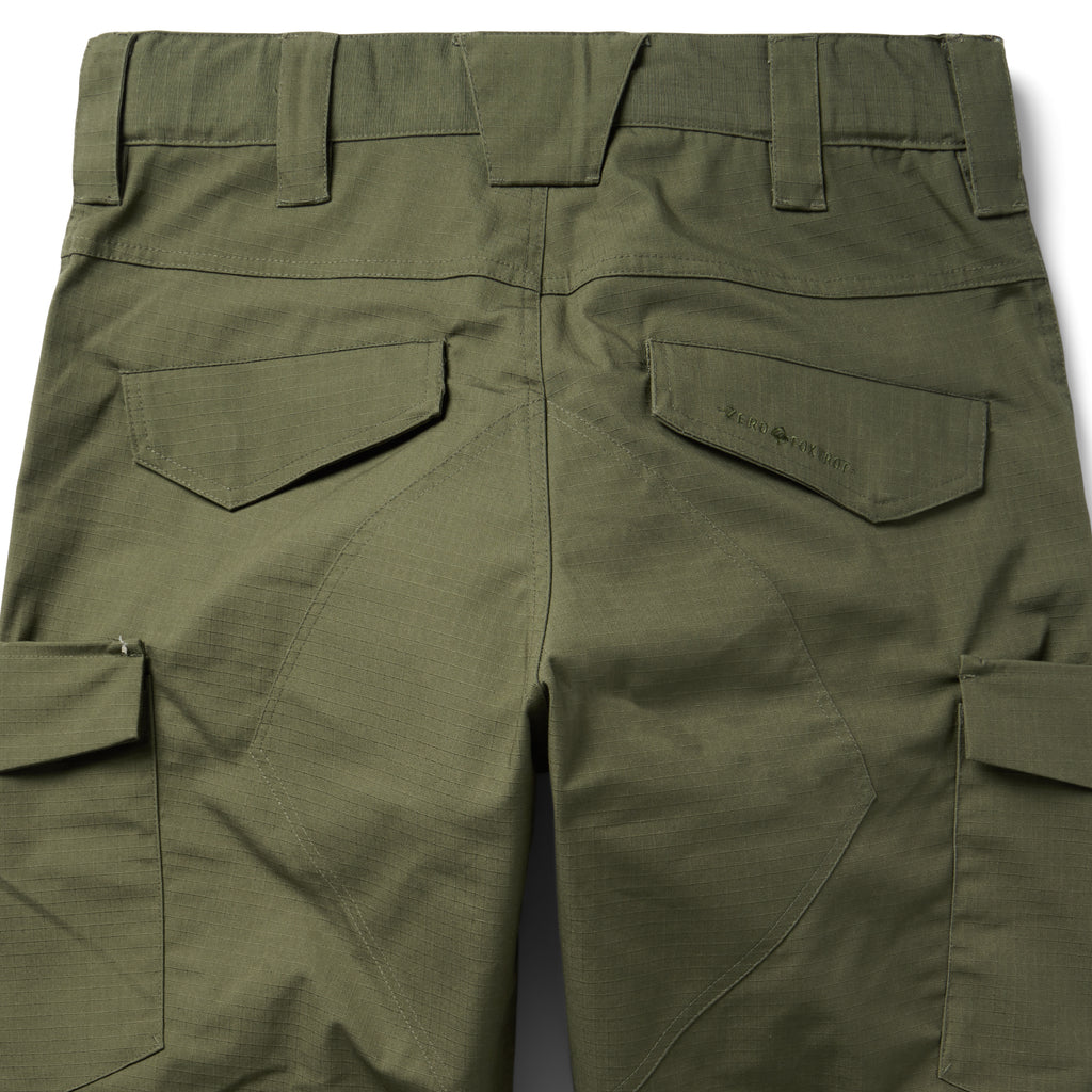 Tac Pants in olive green with belt loops, flap pockets, cargo pockets, reinforced stitching, and a close-up view of the upper legs and waistband