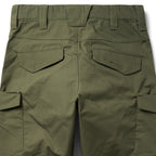 Tac Pants in olive green with belt loops, flap pockets, cargo pockets, reinforced stitching, and a close-up view of the upper legs and waistband