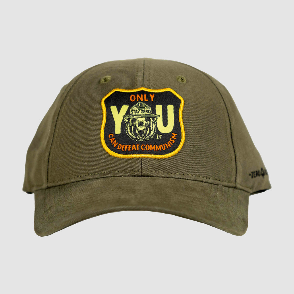 Only You Cap olive green baseball cap with a curved brim and embroidered black, yellow, and orange Only You patch on the front