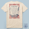 Back view of a beige Oathbound Tee featuring an intricate vintage-style design with the preamble of the United States Constitution framed by decorative red scrollwork, a quill, an ink bottle, and a coiled snake.