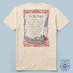 Back view of a beige Oathbound Tee featuring an intricate vintage-style design with the preamble of the United States Constitution framed by decorative red scrollwork, a quill, an ink bottle, and a coiled snake.