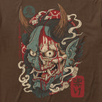 ONI Tatari Tee - Espresso featuring a detailed oni demon mask graphic with horns, flowing hair, red and blue tones, cream smoke, and Japanese inspired symbols.