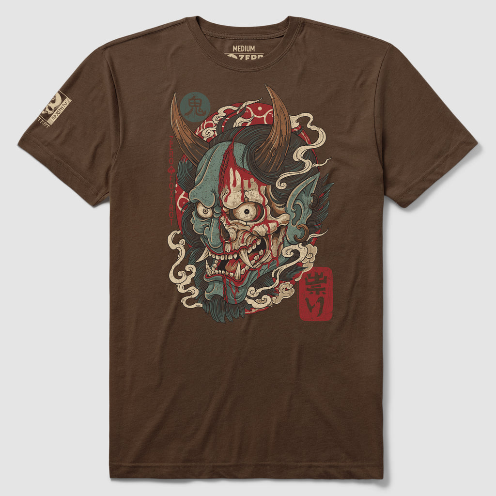 ONI Tatari Tee - Espresso brown graphic tee featuring a detailed oni demon mask with horns, flowing smoke, and Japanese-inspired artwork on the front
