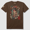 ONI Tatari Tee - Espresso brown graphic tee featuring a detailed oni demon mask with horns, flowing smoke, and Japanese-inspired artwork on the front