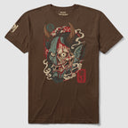 ONI Tatari Tee - Espresso brown graphic tee featuring a detailed oni demon mask with horns, flowing smoke, and Japanese-inspired artwork on the front