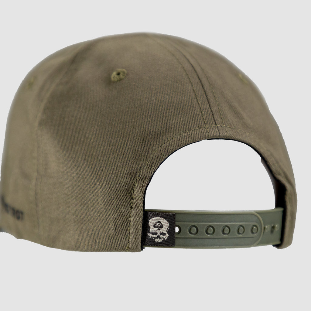 Only You Cap olive green snapback hat shown from the back with an adjustable plastic closure and small embroidered side detail