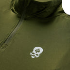 Olive green PT 1/4 Zip Long Sleeve (Last Chance) with a quarter zip collar and white skull graphic on the chest close up