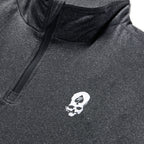 PT 1/4 Zip Long Sleeve (Last Chance), close-up of a dark gray quarter zip top with a high collar, black zipper, and white graphic emblem on the chest