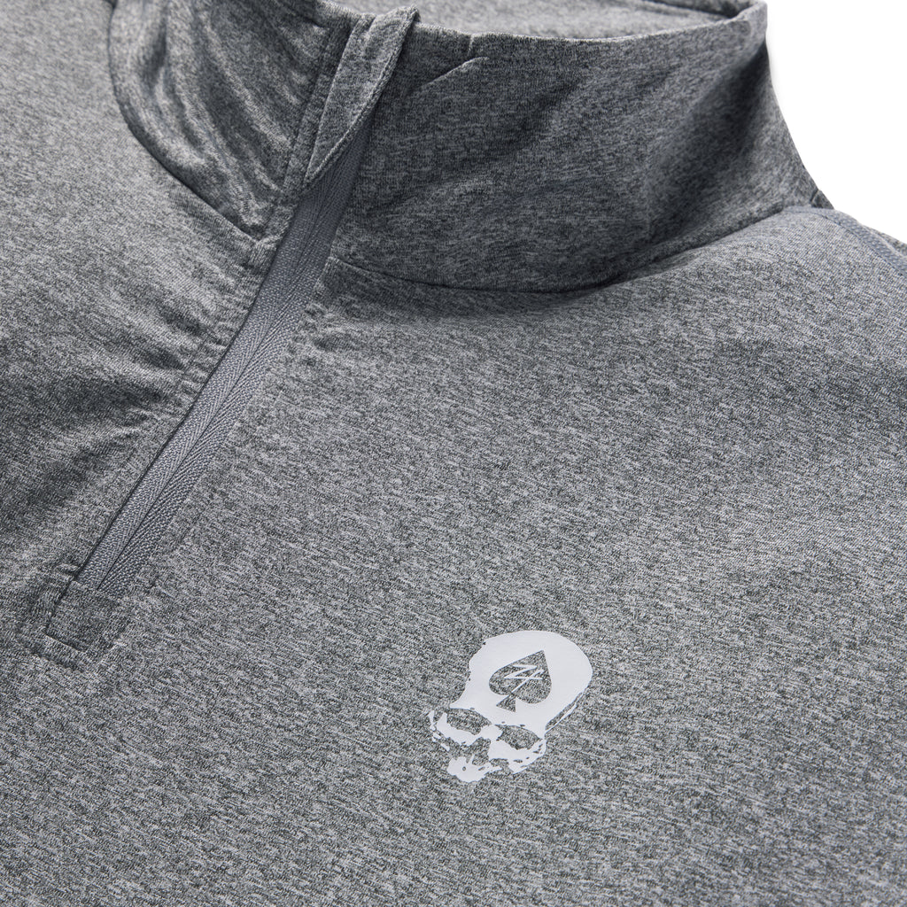 PT 1/4 Zip Long Sleeve (Last Chance) in gray, close-up showing the quarter zip collar and small white chest logo