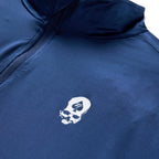 PT 1/4 Zip Long Sleeve (Last Chance), close-up of navy fabric with a quarter zip collar and white skull logo on the chest