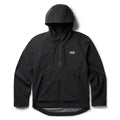 Packable Zero Rain Shell black hooded rain jacket with full zip closure, drawstring hood, zippered pockets, and adjustable cuffs displayed against a white background