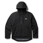 Packable Zero Rain Shell black hooded rain jacket with full zip closure, drawstring hood, zippered pockets, and adjustable cuffs displayed against a white background