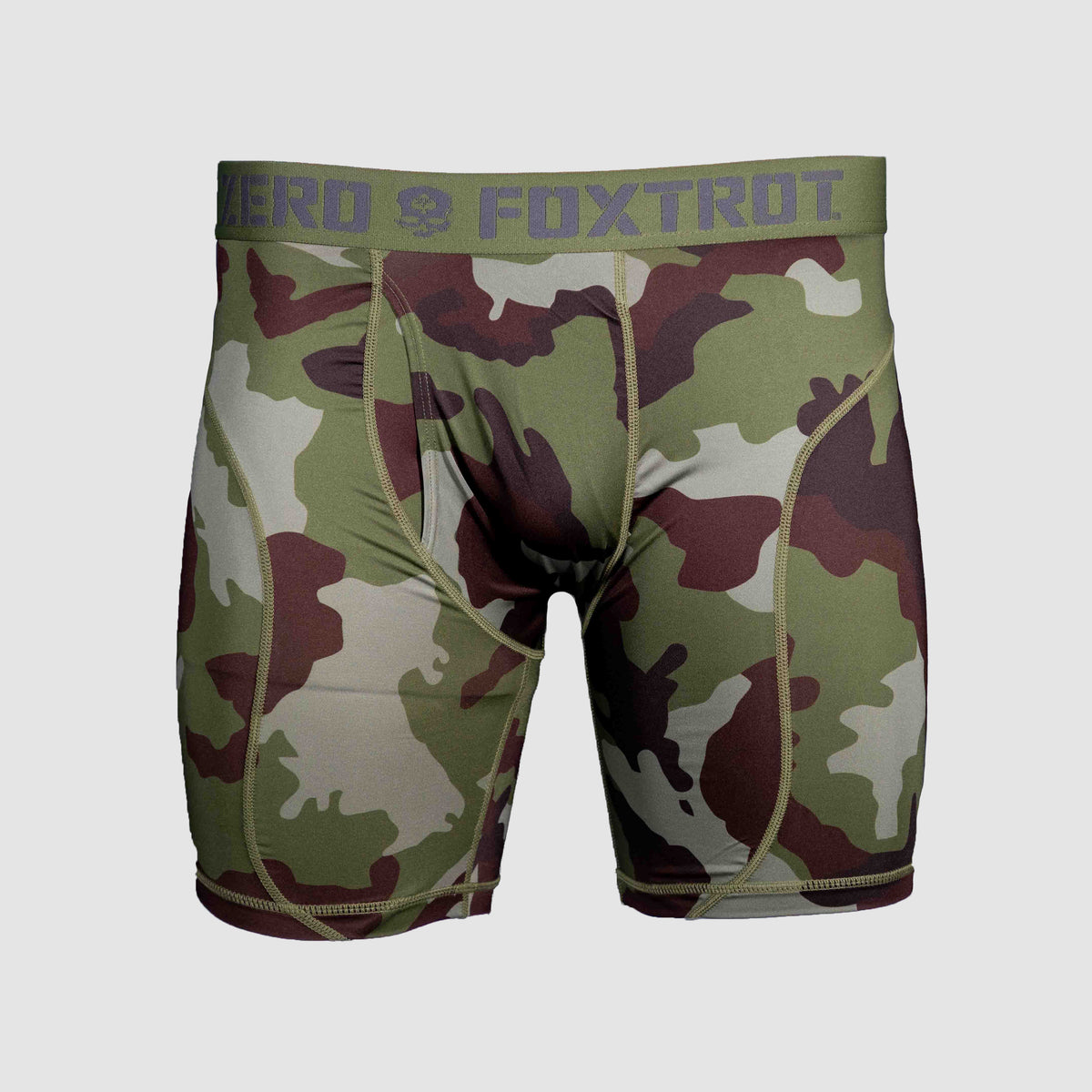 Boxer Briefs - 6" Inseam with a camouflage pattern, featuring an elastic waistband with "Zero Foxtrot" branding, designed for comfort and support.