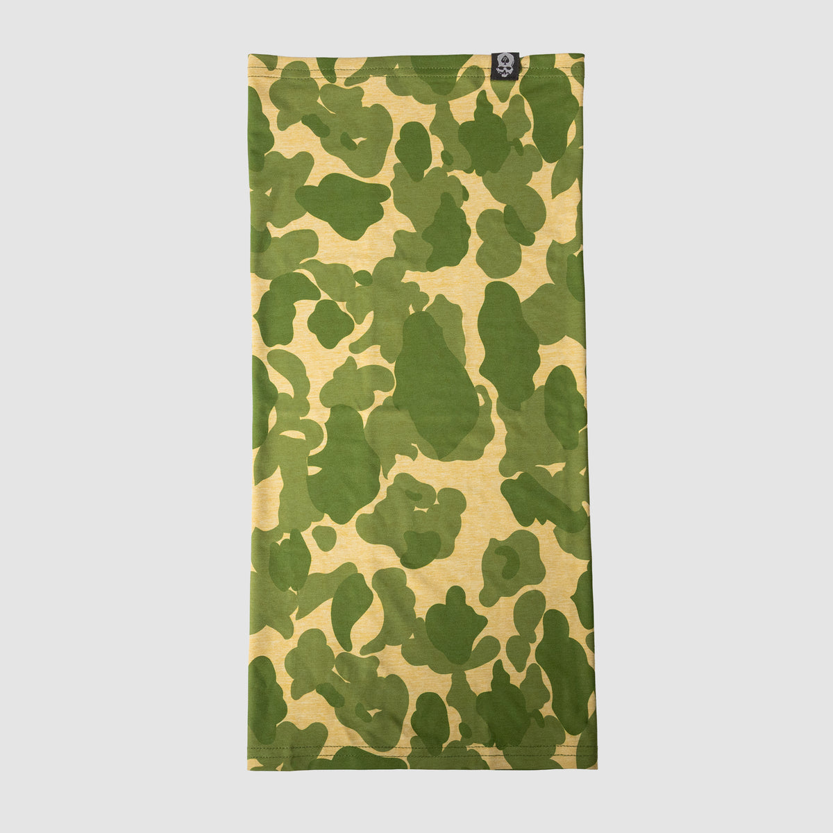 Performance Sun Gaiter featuring a green and beige camouflage pattern, designed for lightweight sun protection and versatile outdoor use.