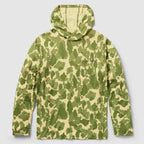 Lightweight Performance Sun Hoodie with green camouflage pattern, long sleeves, and a hood, designed for sun protection and outdoor activities.