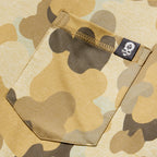 Close-up of a tan and brown camo patterned pocket with a small black tag featuring a white logo on a Performance Sun Hoodie.