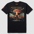 Black Podcast Boom Tee featuring a colorful graphic design with a meditating figure, an explosion, airplanes, and the words "Stay Zero podcast" on the front.