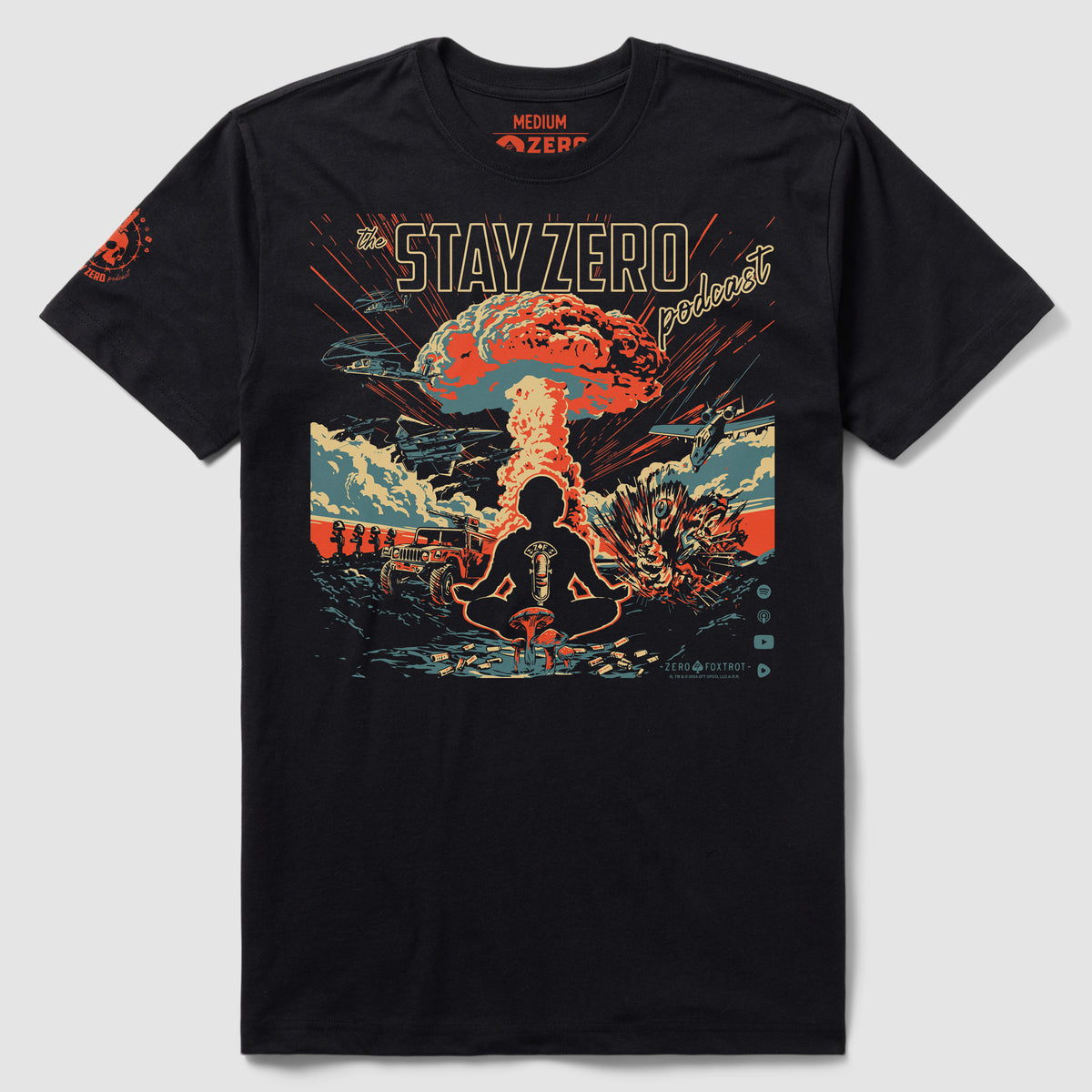 Black Podcast Boom Tee featuring a colorful graphic design with a meditating figure, an explosion, airplanes, and the words "Stay Zero podcast" on the front.