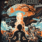 Close-up of a graphic on the Podcast Boom Tee showing a silhouette of a person meditating with a microphone symbol, surrounded by explosions, military vehicles, and aircraft against a dramatic, fiery background.