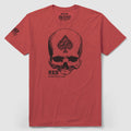 R.E.D. Tee in a deep red color featuring a large black skull graphic with a spade symbol and text, short sleeves, and a crew neckline.