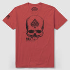 R.E.D. Tee in a deep red color featuring a large black skull graphic with a spade symbol and text, short sleeves, and a crew neckline.