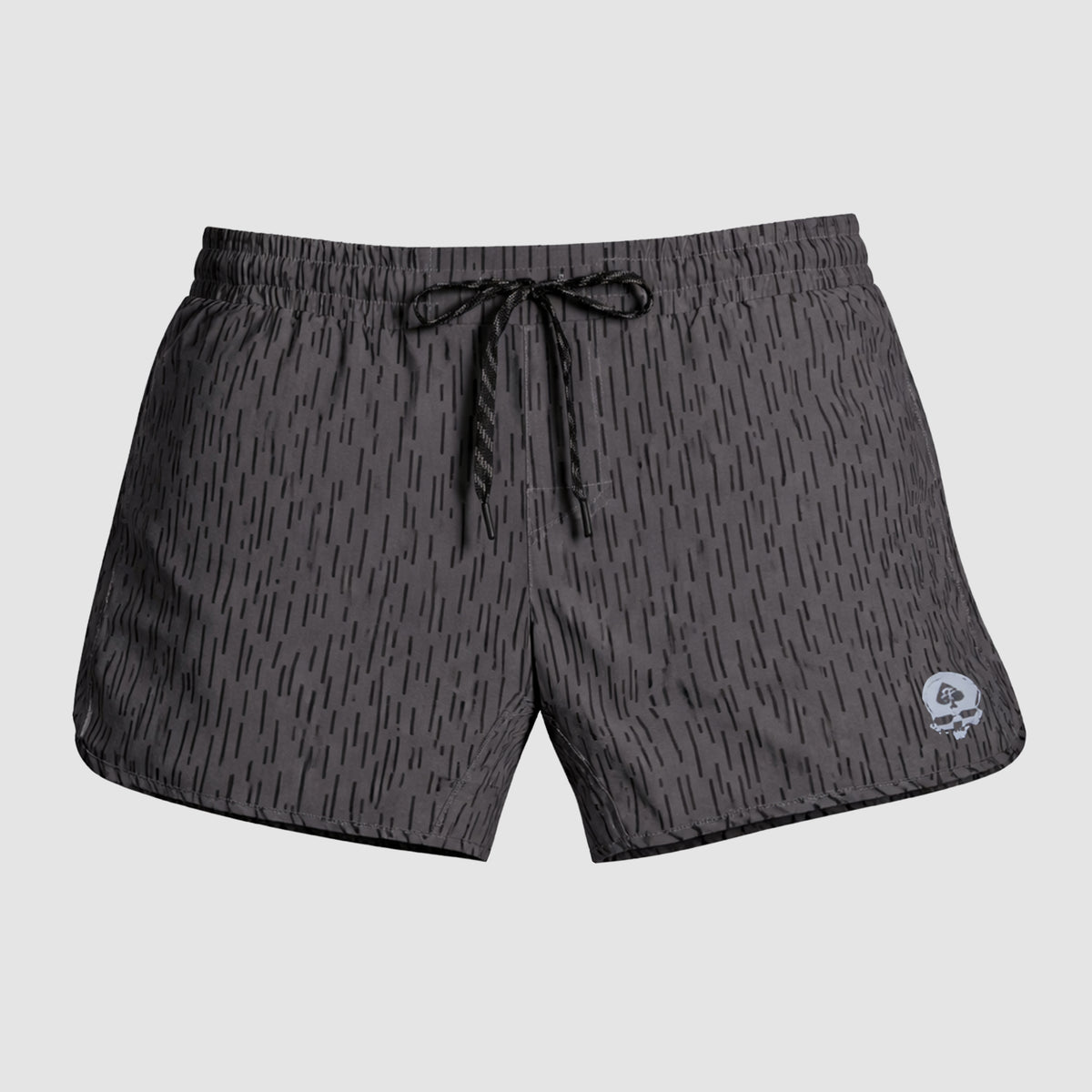 Dark gray athletic shorts with an adjustable black drawstring and subtle vertical stripe pattern, featuring a small light gray skull logo near the hem, designed as Zero Shorts - 5" Inseam.