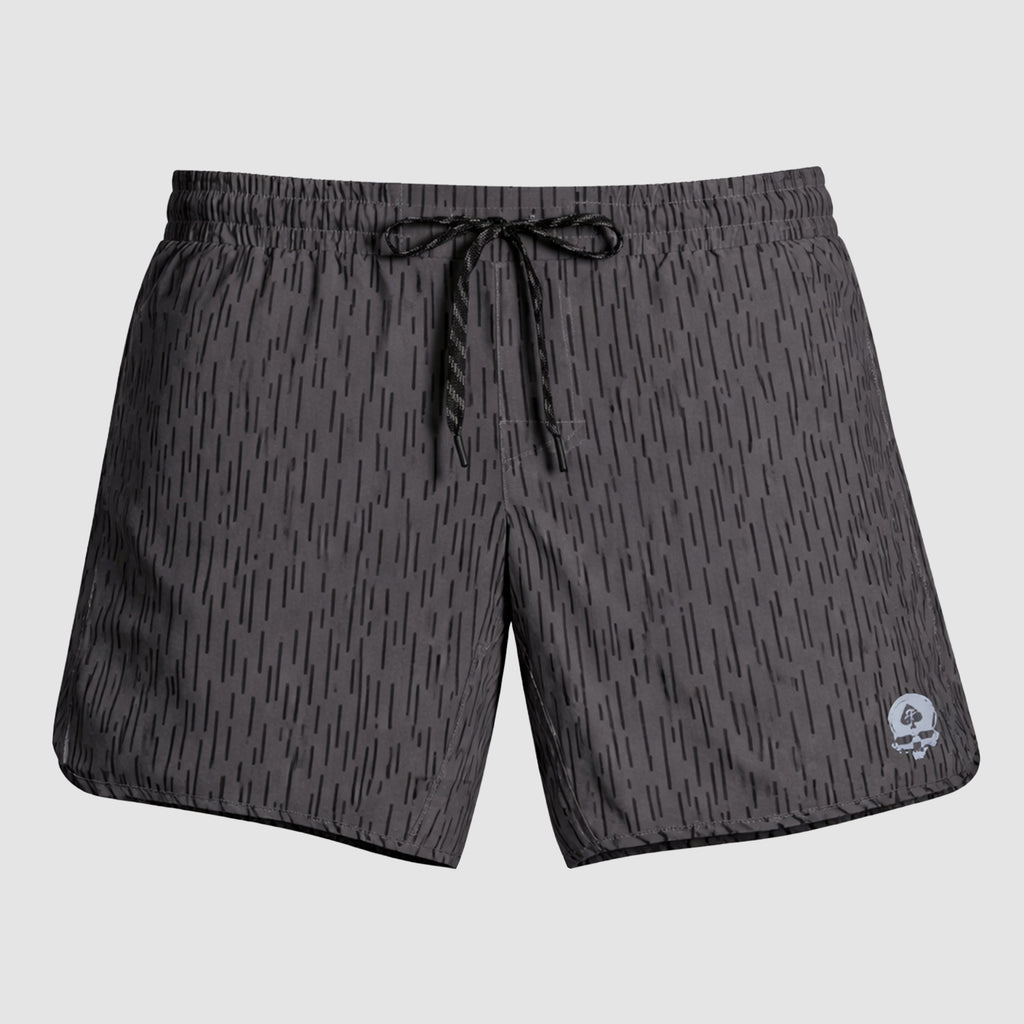 Gray patterned men's shorts with an elastic waistband and black drawstring, featuring a small emblem near the hem, called Zero Shorts - 9" Inseam.