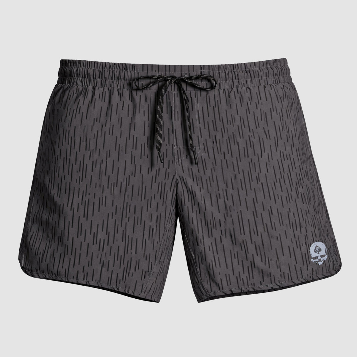 Gray patterned men's shorts with an elastic waistband and black drawstring, featuring a small emblem near the hem, called Zero Shorts - 9" Inseam.